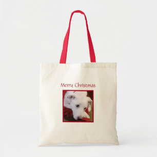 Beautiful Snowy White Puppy Dog Christmas Red Tote Bag