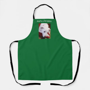 Beautiful Snowy White Puppy Dog Green Christmas Apron
