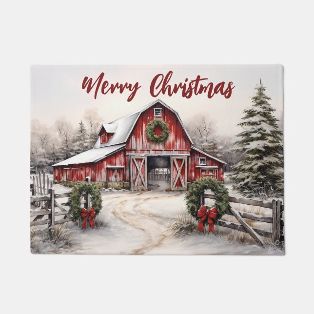 Beautiful Snowy Winter Rustic Red Barn Christmas Doormat (Front)