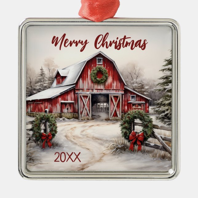 Beautiful Snowy Winter Rustic Red Barn Christmas Metal Tree Decoration (Front)