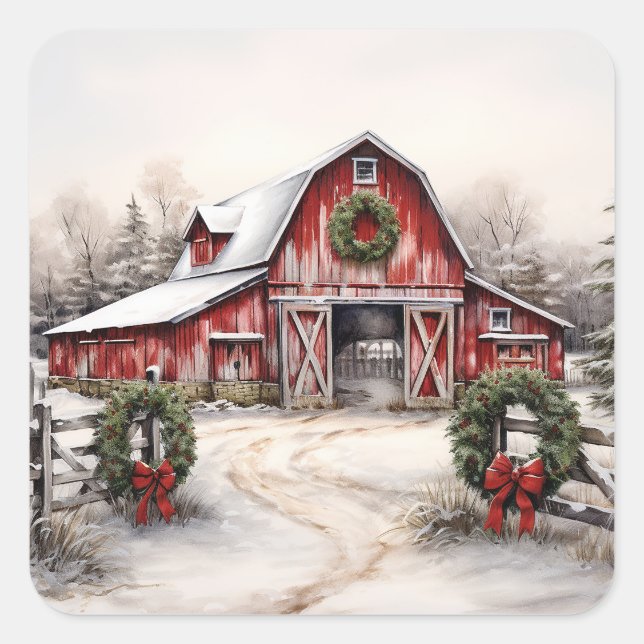 Beautiful Snowy Winter Rustic Red Barn Christmas Square Sticker (Front)