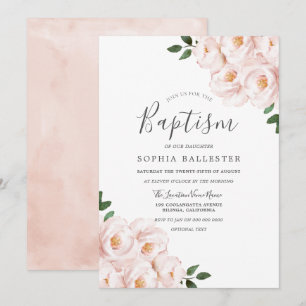 Beautiful Soft Blush Pink Floral Baby Girl Baptism Invitation