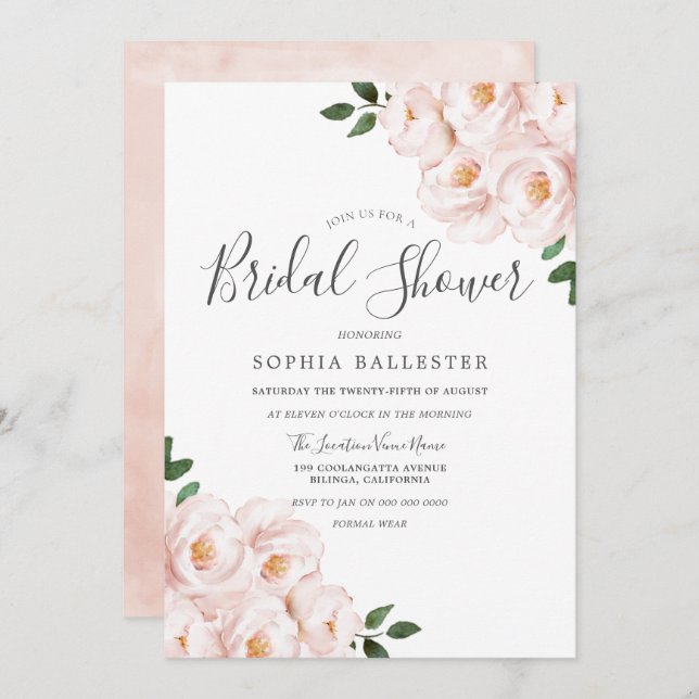 Beautiful Soft Blush Pink Flowers Bridal Shower Invitation (Front/Back)