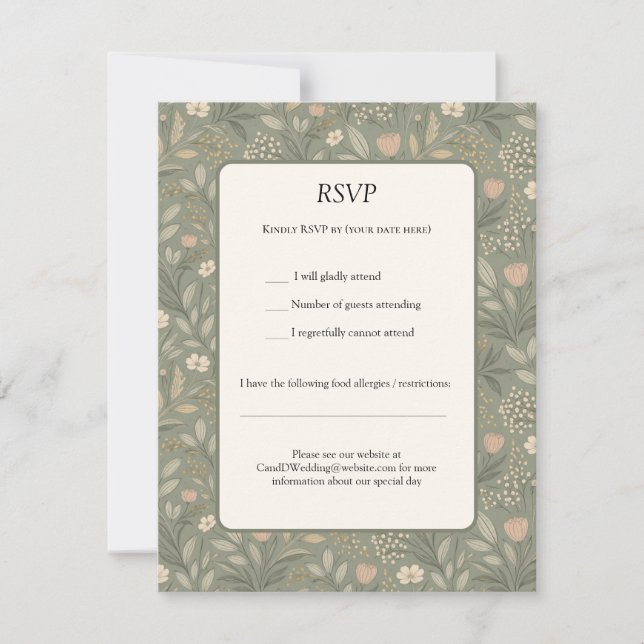Beautiful Soft Flowers on Sage Green Muted Earthy RSVP Card (Front)