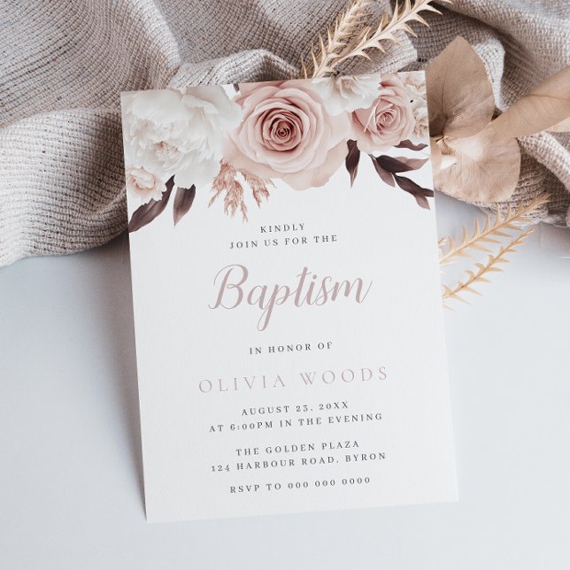 Beautiful Soft Pink Floral Baby Girl Baptism Invitation (Creator Uploaded)