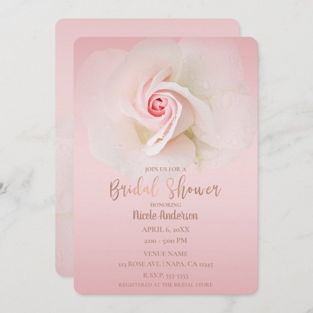Beautiful Soft Pink Wet Rose Elegant Bridal Shower Invitation (Front/Back)