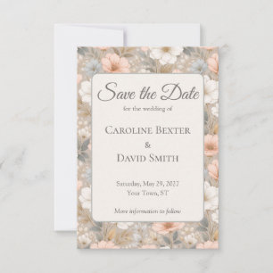 Beautiful Soft Pink White and Blue Flowers on Grey Save The Date