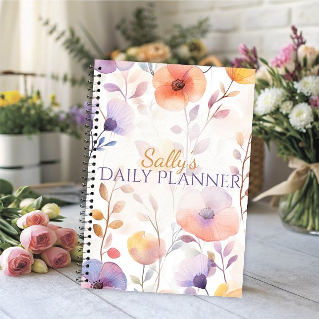 Beautiful Soft Watercolor Blooms Planner (Watercolor floral daily planner with soft lavender and peach blooms.)
