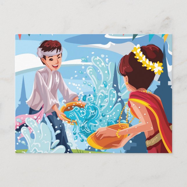 Beautiful Songkran Festival Throwing Water Postcar Postcard (Front)