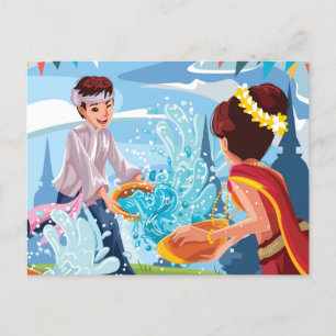 Beautiful Songkran Festival Throwing Water Postcard