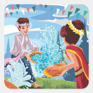 Beautiful Songkran Festival Throwing Water Square Sticker