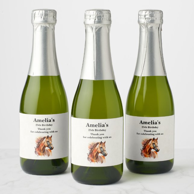 Beautiful Sorrel Horse Portrait Birthday Thank You Sparkling Wine Label (Bottles)
