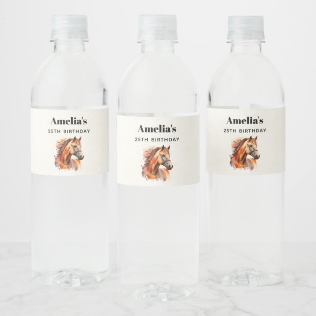 Beautiful Sorrel Horse Portrait Birthday Water Bottle Label (Bottles)