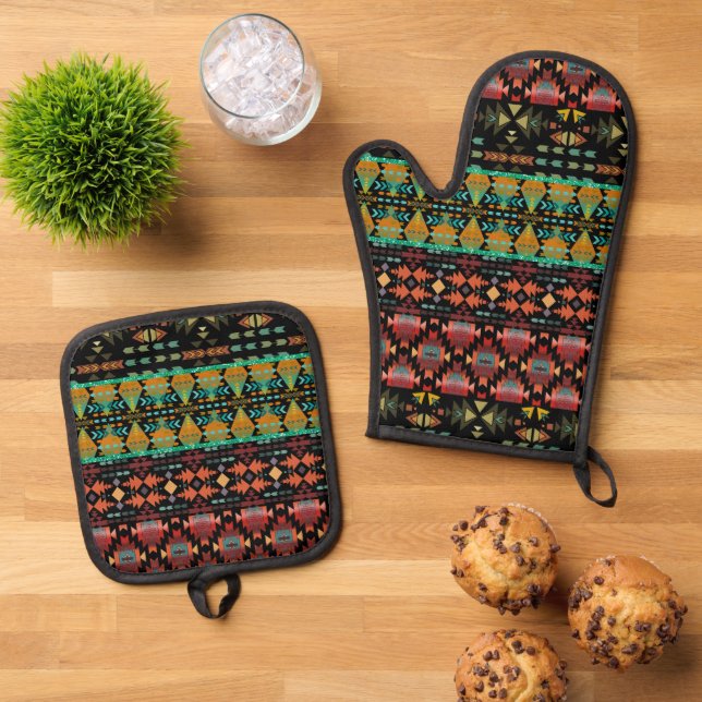 Beautiful Southwestern Style Patterns Oven Mitt & Pot Holder Set (Top Down)