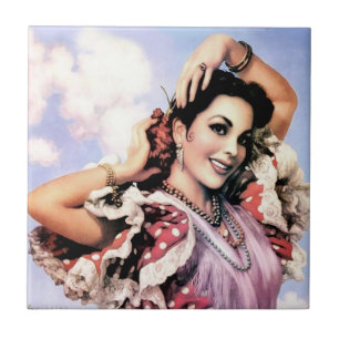 Beautiful Spanish Flamenco Dancer in Red Polka Dot Tile