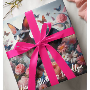 Beautiful Sphynx Cat & Flowers Birthday Wrapping Paper