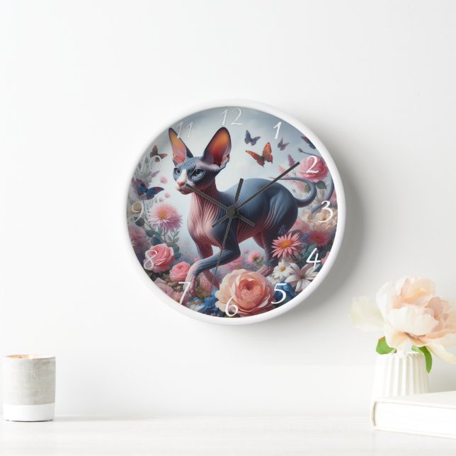 Beautiful Sphynx Cat & Flowers Clock (Home)