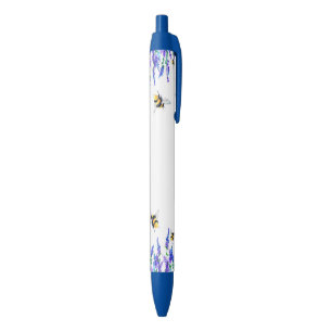 Beautiful Spring Flowers and Bees Flying - Drawing Blue Ink Pen