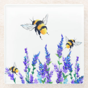 Beautiful Spring Flowers and Bees Flying - Drawing Glass Coaster