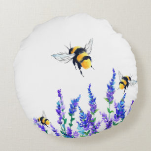 Beautiful Spring Flowers and Bees Flying - Drawing Round Cushion