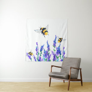 Beautiful Spring Flowers and Bees Flying - Drawing Tapestry