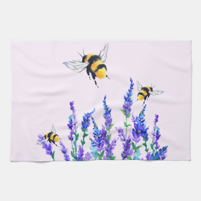 Beautiful Spring Flowers and Bees Flying  Drawing Tea Towel (Horizontal)