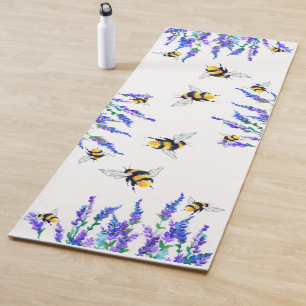 Beautiful Spring Flowers and Bees Flying - Drawing Yoga Mat