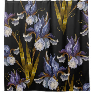 Beautiful spring irises embroidery seamless patter shower curtain