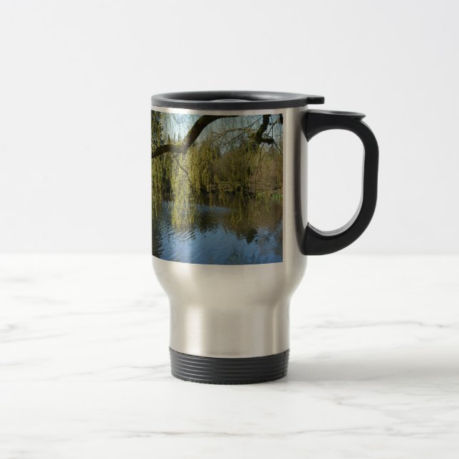 beautiful spring willow trees by water pond. travel mug (Right)