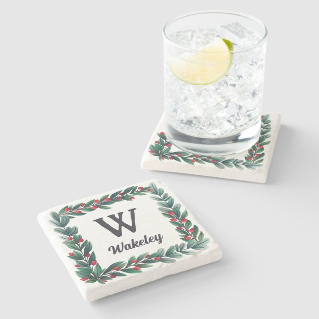 Beautiful Square Christmas Wreath Monogram Stone Coaster (Side)