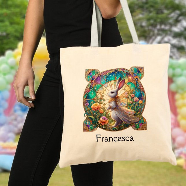Beautiful Stained Glass Bunny Personalised Easter Tote Bag (Creator Uploaded)