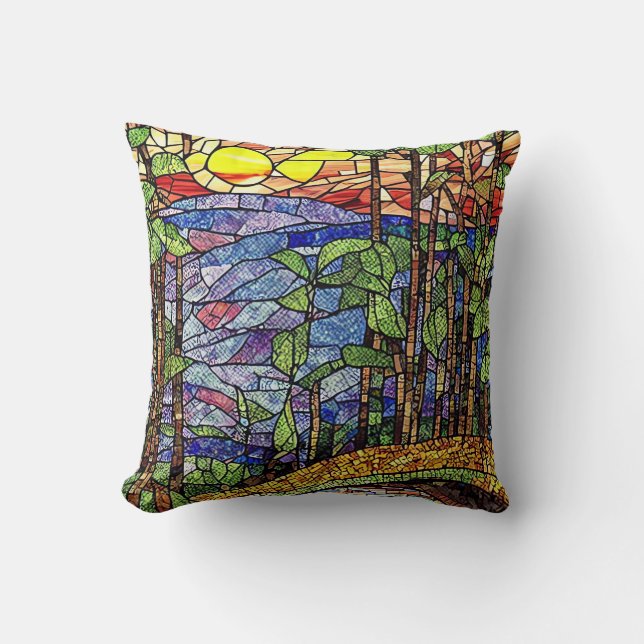 Beautiful Stained Glass Forest at Sunset Cushion (Front)