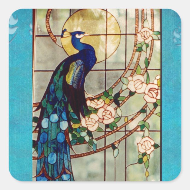 Beautiful Stained Glass Peacock Square Sticker (Front)