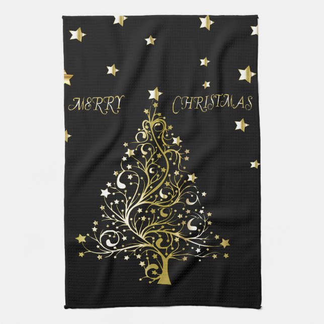 Beautiful starry metallic gold Christmas tree Tea Towel (Vertical)