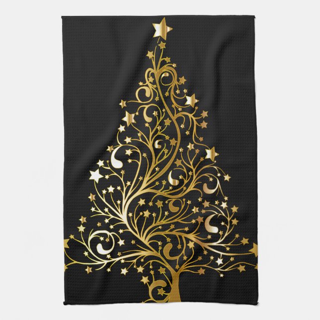 Beautiful starry metallic gold Christmas tree Tea Towel (Vertical)
