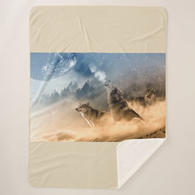 Beautiful Stars Foggy Night Wolfs Howl Sherpa Blanket (Front)