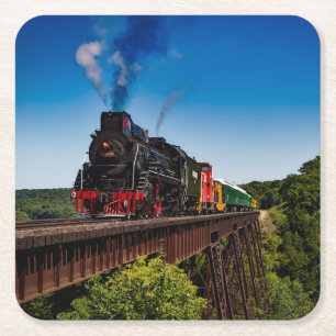 Beautiful Steam Locomotive Over a Bridge JS8419 Square Paper Coaster