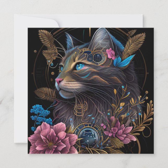 Beautiful steampunk Maine Coon with flowers AI art (Front)