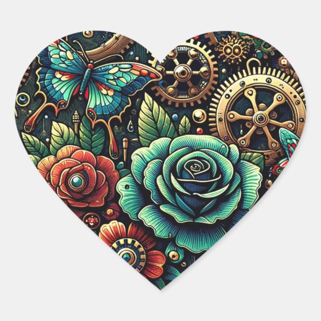 Beautiful Steampunk Themed Gears and Roses   Heart Sticker (Front)