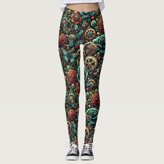 Beautiful Steampunk Themed Gears and Roses Leggings (Front)