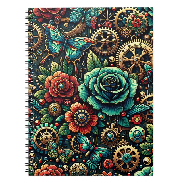Beautiful Steampunk Themed Gears and Roses   Notebook (Front)