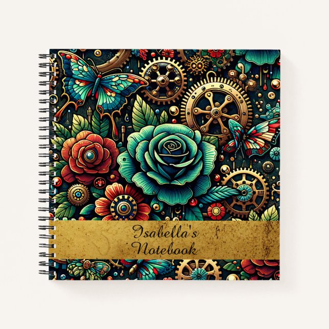 Beautiful Steampunk Themed Gears and Roses Notebook (Front)