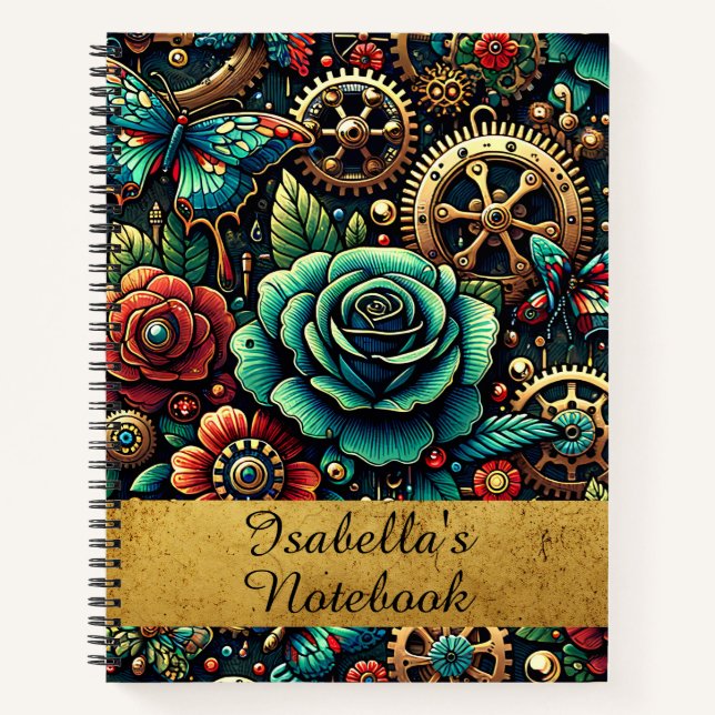 Beautiful Steampunk Themed Gears and Roses Notebook (Front)