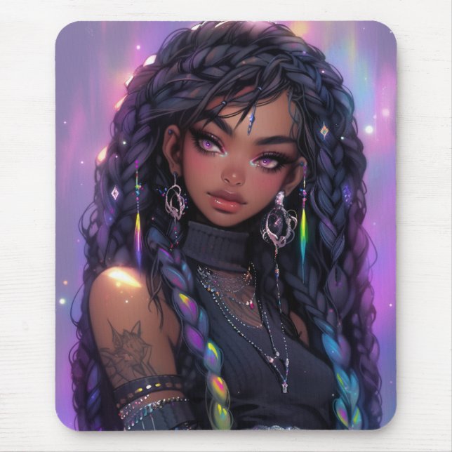Beautiful Stylish Braided Hair Anime Girl Mouse Pad (Front)