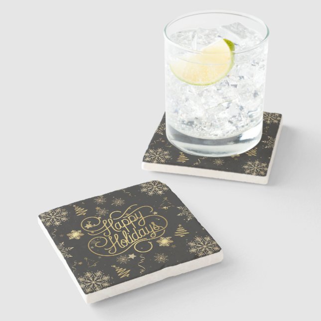 Beautiful Stylish Gold and Black Happy Holiday Stone Coaster (Side)