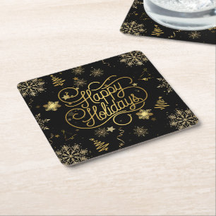 Beautiful Stylish Gold and Black Happy Holidays Square Paper Coaster