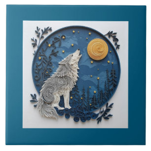 Beautiful Stylish Grey Wolf Howling at the Moon Tile