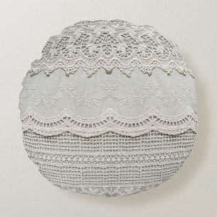 Beautiful, subtle, white laced textile close up. round cushion