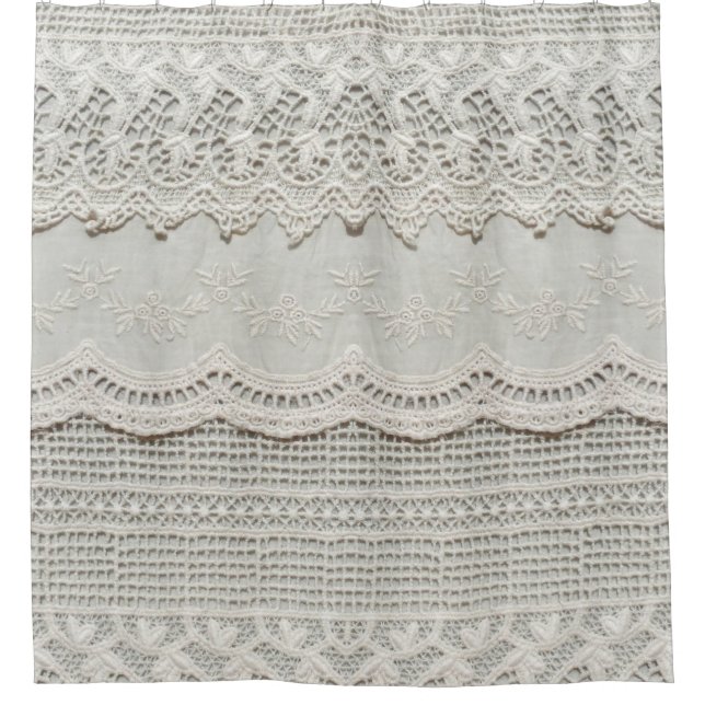 Beautiful, subtle, white laced textile close up.  shower curtain (Front)