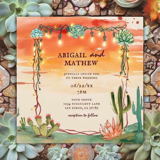 Beautiful Succulent Cactus Sunset Boho Wedding Invitation (Creator Uploaded)